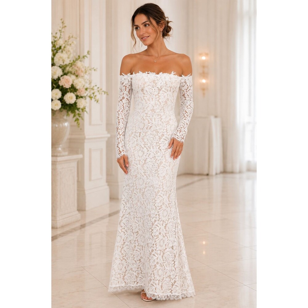 LULUS Romance Dreamer Off The Shoulder Maxi Dress L White Mermaid Train NWT B36